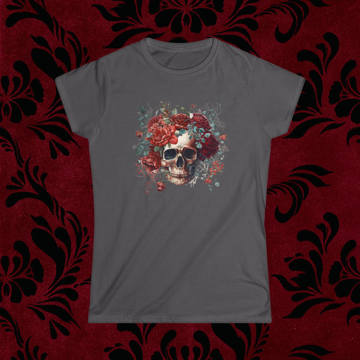 Women&#39;s Tee - Dark Floral Skull Design Dead Inside But Still Cute Goth Girls T-Shirt